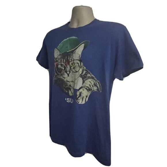 Mens Blue Graphic T-Shirt Small/Medium Cat Wsup Stretch Animal Print Novelty - Picture 3 of 5